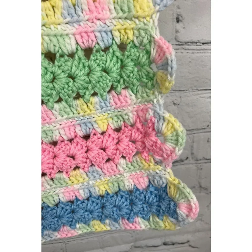 Handmade Multicolor White Acrylic Crochet Knit Afghan Blanket Granny 39